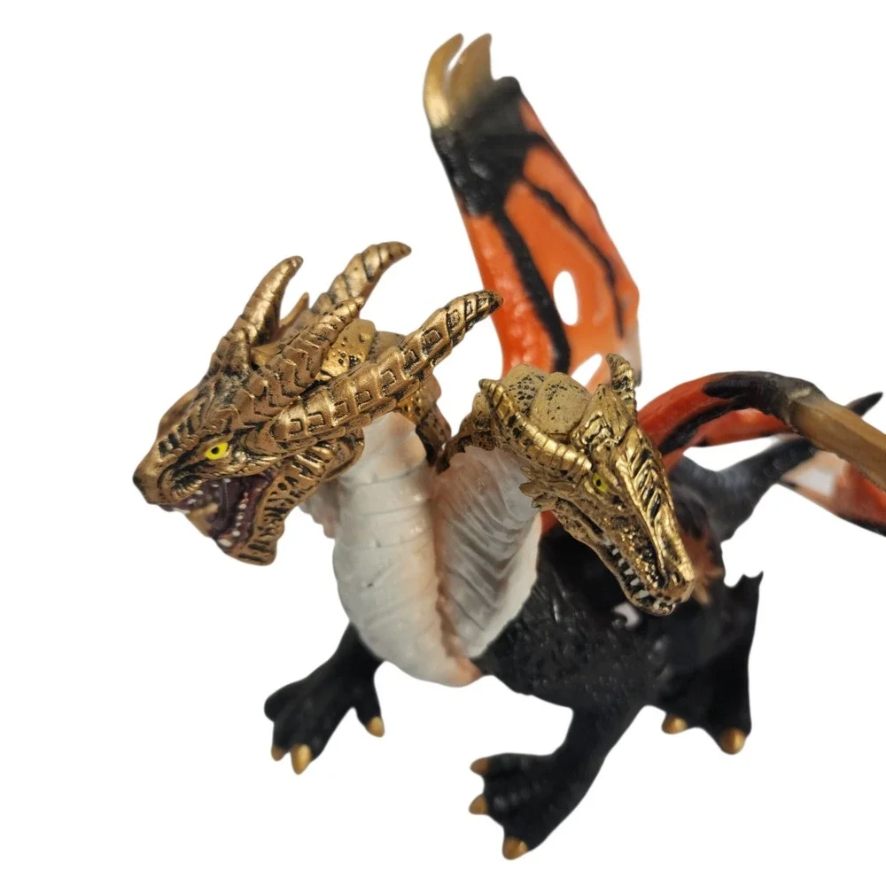 Dual Headed‎ Dragon Figure Fantasy Creature Orange Winged Gold Accents